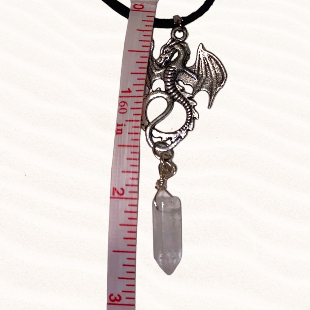 Hand Crafted Quartz Crystal Dragon Necklace Vegan Suede Microfiber Wire Wrapped - Picture 5 of 6